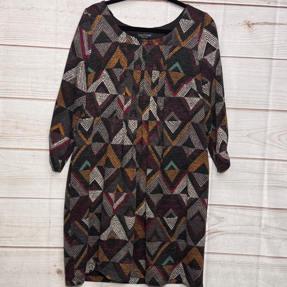 Perceptions New York Geometric Triangle Print Pleated Knit Shift Dress Large